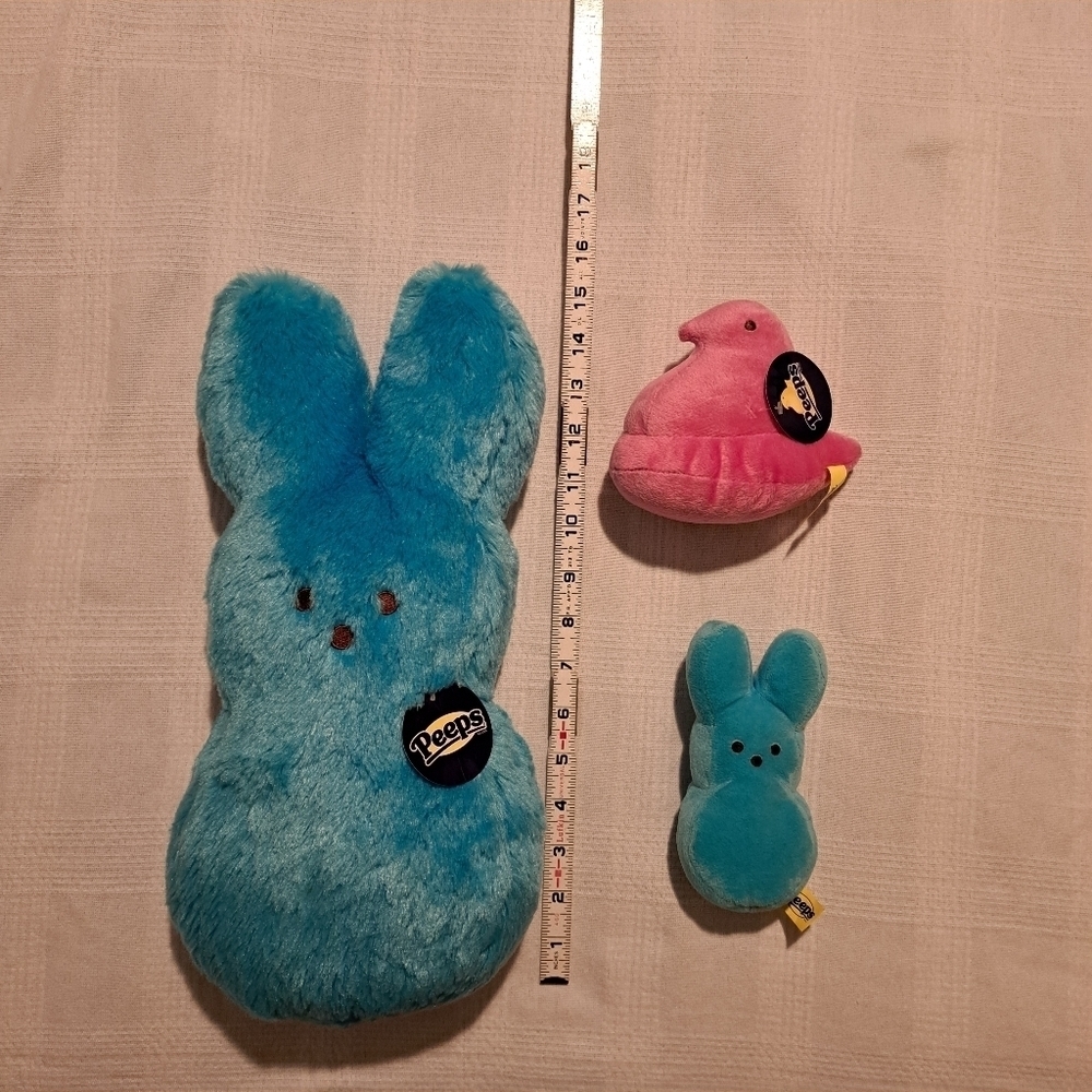 Peeps stuffy bundle, 2 blue bunnies, 1 pink chick